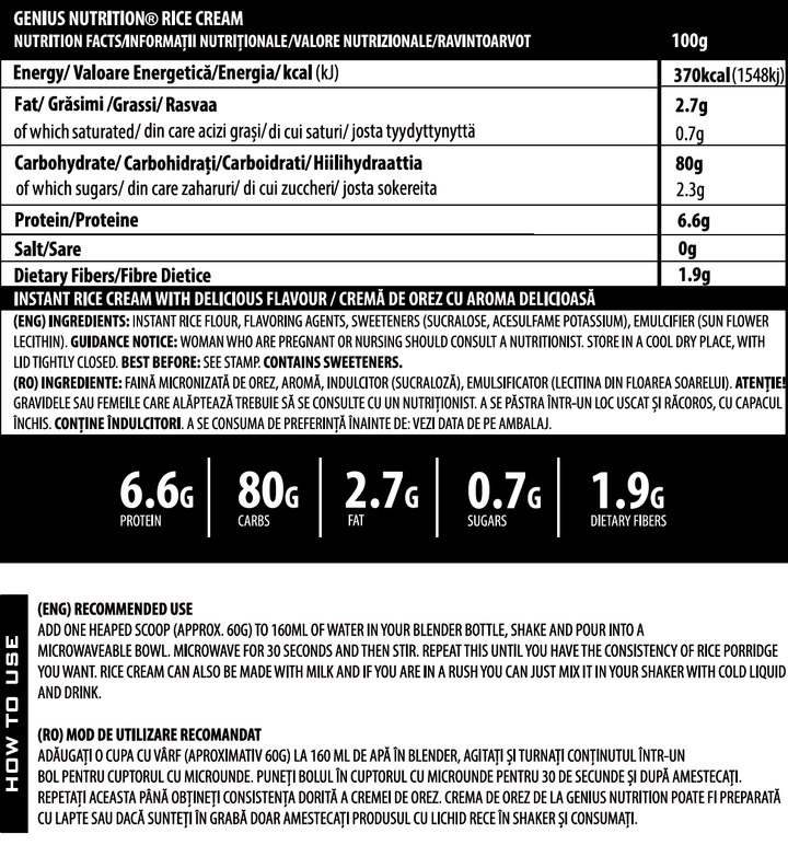 Gluten free | Crema de orez 1000g, pudra, Genius Nutrition, Bogat in carbohidrati 1