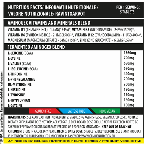 Aminoacizi | AMINOGEX 300 tablete, Genius Nutrition, Aminoacizi din sursa fermentata 1