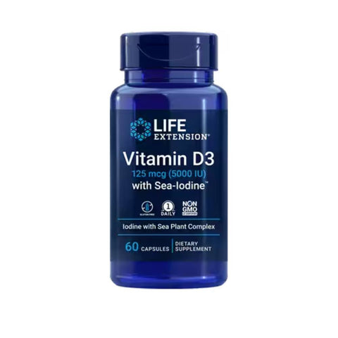 Suplimente pentru oase si articulatii | Vitamina D3 125 mcg (5000 UI) cu Iod, 60 capsule, Life Extension, Supliment alimentar pentru sanatate 0