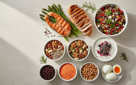 Alimente bogate in aminoacizi esentiali - farfurii cu feluri de mancare sanatoase, proteice, cu aminoacizi