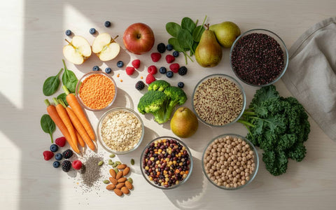 O imagine cu diverse alimente bogate in fibre aranjate estetic pe o masa.jpg