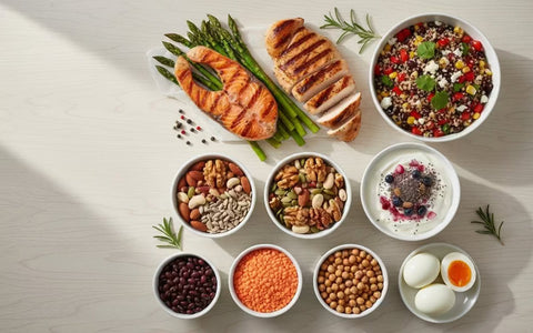Alimente bogate in aminoacizi esentiali - farfurii cu feluri de mancare sanatoase, proteice, cu aminoacizi