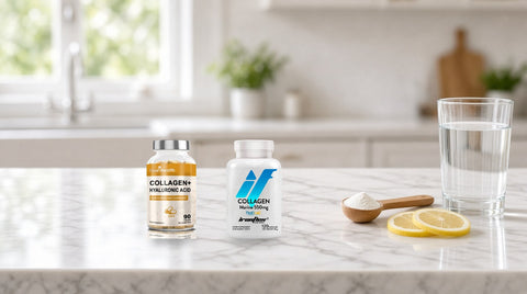 Capsule cu colagen bovin True Health Colagen + Acid hialuronic și capsule Ironflex Colagen Marin pe un blat de marmură, lângă un pahar cu apă, o lingură de măsurat cu pudră albă și felii de lămâie