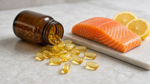 Capsule de omega-3 din ulei de pește lângă un file de somon