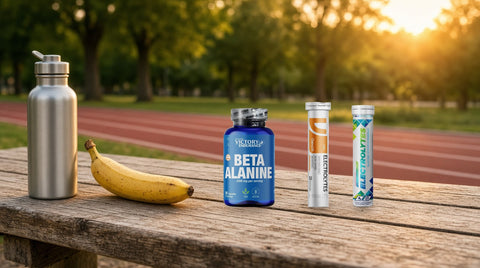 Capsule Weider Beta Alanine și tuburi cu tablete efervescente cu electroliți OstroVit și Allnutrition pe o bancă de lemn lângă o pistă de alergare, cu un bidon de apă și o banană