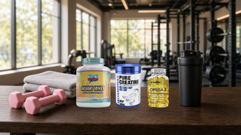 Proteină Miami Whey, creatină Quamtrax Pure Creatine și capsule Ironflex Omega 3 Ultra Strong pe o bancă de sală, lângă gantere roz, un prosop și un shaker negru