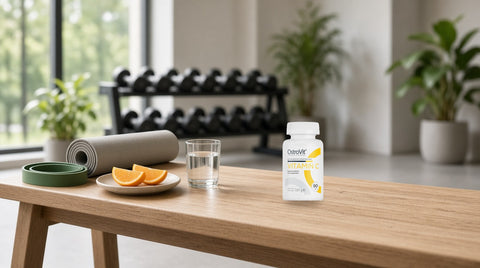Vitamina C OstroVit pe o bancă de lemn într-o sală de sport, lângă o bandă elastică de antrenament, o saltea, un pahar cu apă și felii de portocală
