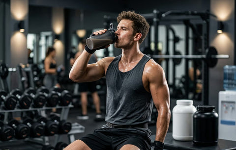 Sportiv consumand shake proteic in sala dupa antrenament pentru recuperare musculara