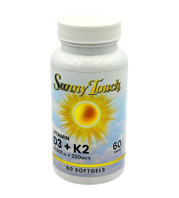 Vitamina D3 10000UI + K2 200mcg, 60 capsule moi, Sunny Touch, Supliment alimentar cu vitamina D3 si K2