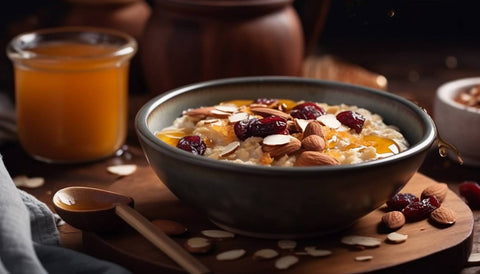 3. Budinca cu ovaz si alte seminte beneficii pentru sanatatea ta - bol budinca de ovaz cu merisoare, migdale, pahar cu suc in stanga