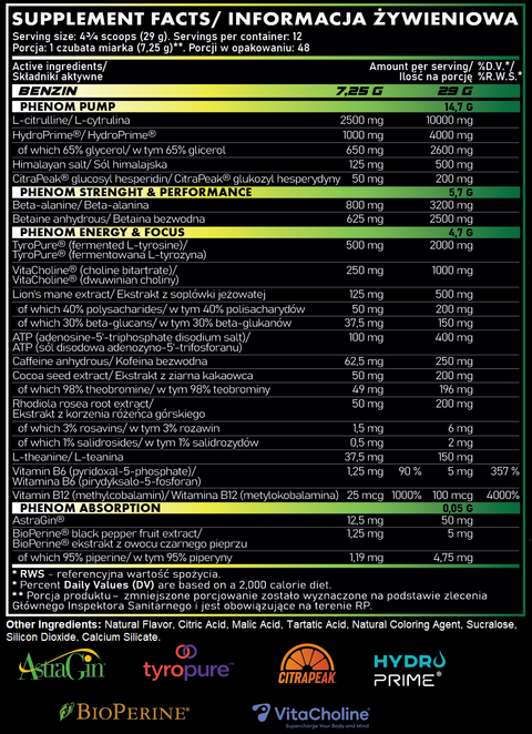 Benzin Pre-Workout, 348g, pudra, Phenom, Supliment alimentar pre-workout cu cafeina
