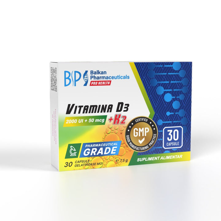 Vitamina D3+K2 30 capsule, Balkan Pharmaceuticals, Supliment alimentar pentru sanatatea oaselor