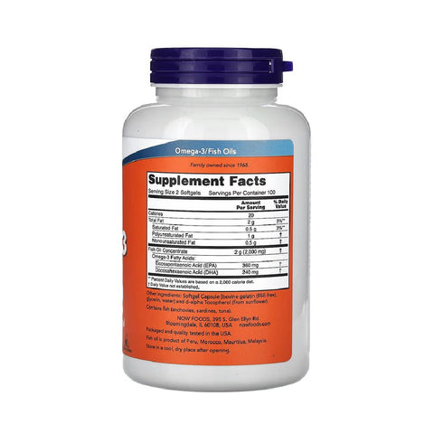 Omega - 3 Fish Oil 200 Fish Gels, Now Foods, Supliment cu acizi grasi esentiali EPA si DHA