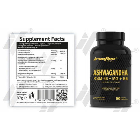 Ashwagandha KSM - 66+MG+B6, 90 capsule, Ironflex, Supliment alimentar anti - stres 2