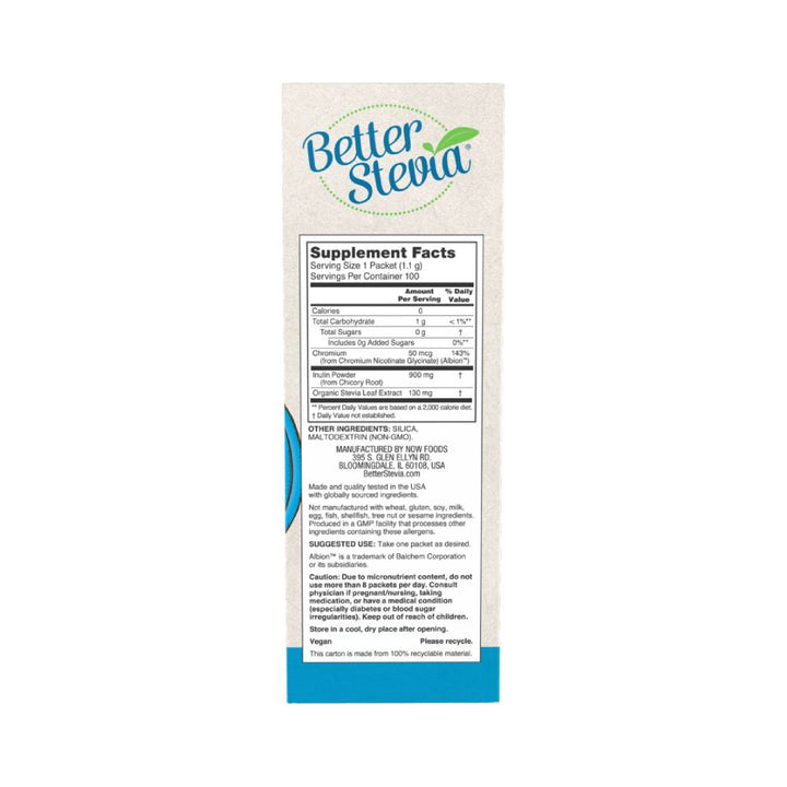 Arome si indulcitori BetterStevia Balance, 100 plicuri x 1,1g, Now Foods, Indulcitor natural pe baza de stevia cu crom si inulina 2