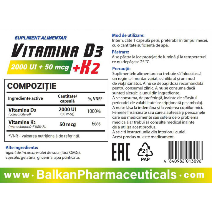 Vitamina D3+K2 30 capsule, Balkan Pharmaceuticals, Supliment alimentar pentru sanatatea oaselor