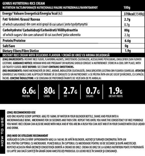 Gluten free | Crema de orez 1000g, pudra, Genius Nutrition, Bogat in carbohidrati 1