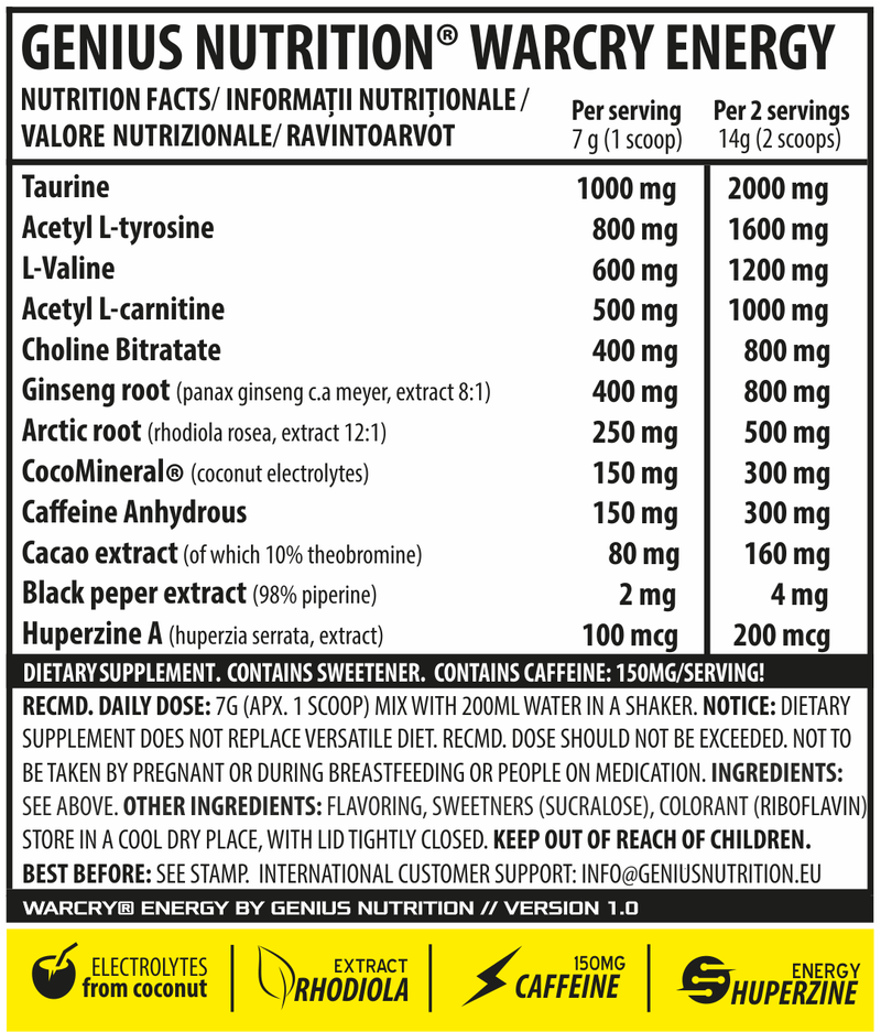 Pre-workout | WARCRY® ENERGY 315g, pudra, Genius Nutrition, Supliment pre-workout cu cofeina 3