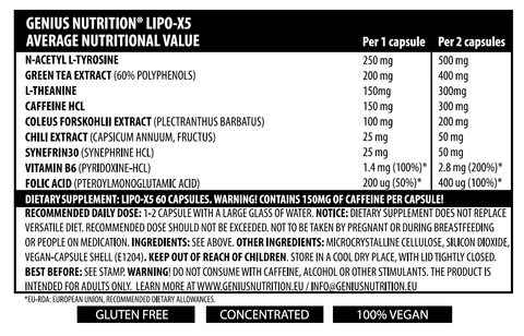 Arzatoare de grasimi Lipo - X5, 60 capsule, Genius Nutrition, Supliment alimentar pentru scadere in greutate 2