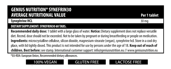 Arzatoare de grasimi Sinefrina 30mg, 60 tablete, Genius Nutrition, Supliment alimentar pentru scadere in greutate 2