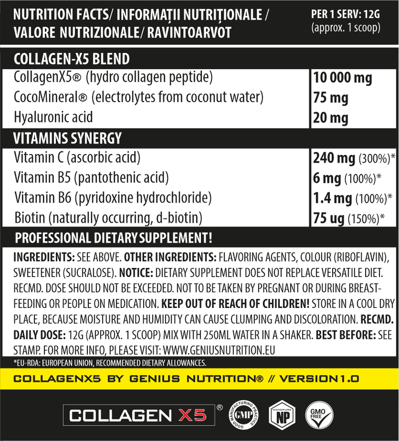 Colagen | COLLAGEN-X5® pudra, 360g, Genius Nutrition, Supliment alimentar pe baza de colagen pentru oase si articulatii 1