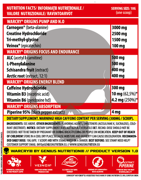Pre-workout | Warcry® Origins 300g/30 serv, pudra, Genius Nutrition, Supliment alimentar pre-workout 1