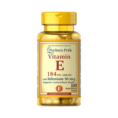Vitamine si minerale | Vitamina E-400 cu seleniu 50mcg, 100 capsule, Puritan's Pride, Supliment antioxidanti pentru imunitate 0