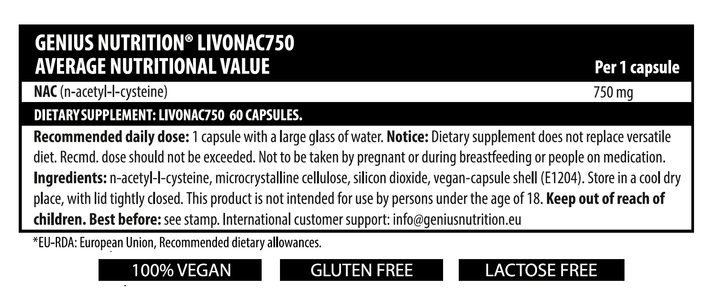 Suplimente sanatate LivoNAC 750mg 60 capsule, Genius Nutrition, N - acetil - cisteina 2