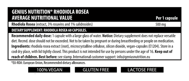 Suplimente sanatate Rhodiola Rosea, 60 capsule, Genius Nutrition, Supliment alimentar pentru concetrare 2