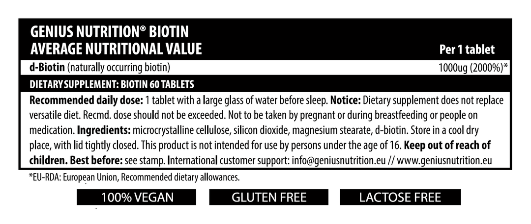 Vitamine si minerale Biotina 1000mcg, 60 tablete, Genius Nutrition, Supliment pentru piele, par si unghii 2