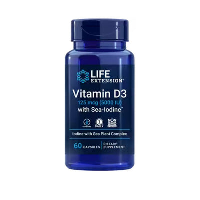 Suplimente pentru oase si articulatii | Vitamina D3 125 mcg (5000 UI) cu Iod, 60 capsule, Life Extension, Supliment alimentar pentru sanatate 0